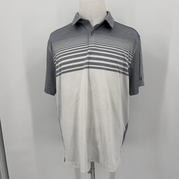 Under Armour Mens HeatGear Polo Shirt XL Extra Large Gray & White Striped - Picture 2 of 8